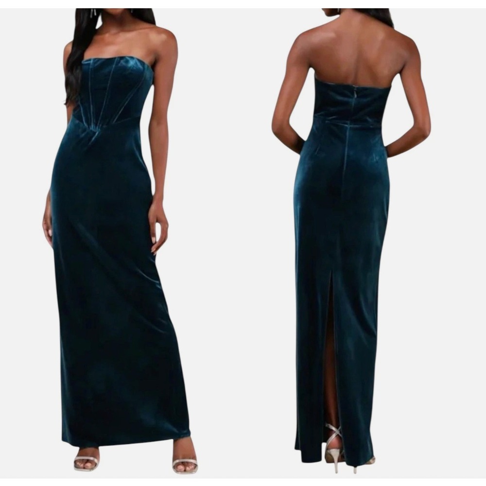Lulus Regal Affect Velvet Bustier Strapless Maxi Dress Womens Teal Formal‎ NWT